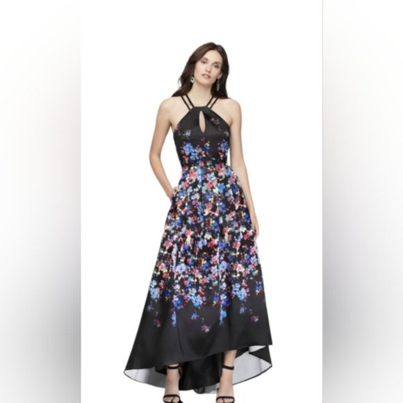 SOLD - Floral Rose Print Maxi Dress/Gown with Full Skirt and Trail. Open Back - Picture 1 of 12